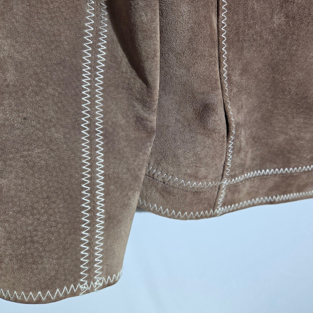 Authentic Washable Suede Jacket Womens M Brown Good Hooded Zip Leather Stitching - Picture 11 of 11